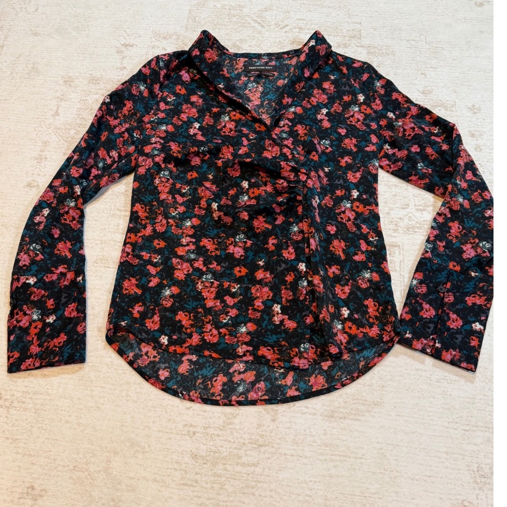 Something Navy Floral Draped Front Blouse Black Red Teal Long Sleeve XS